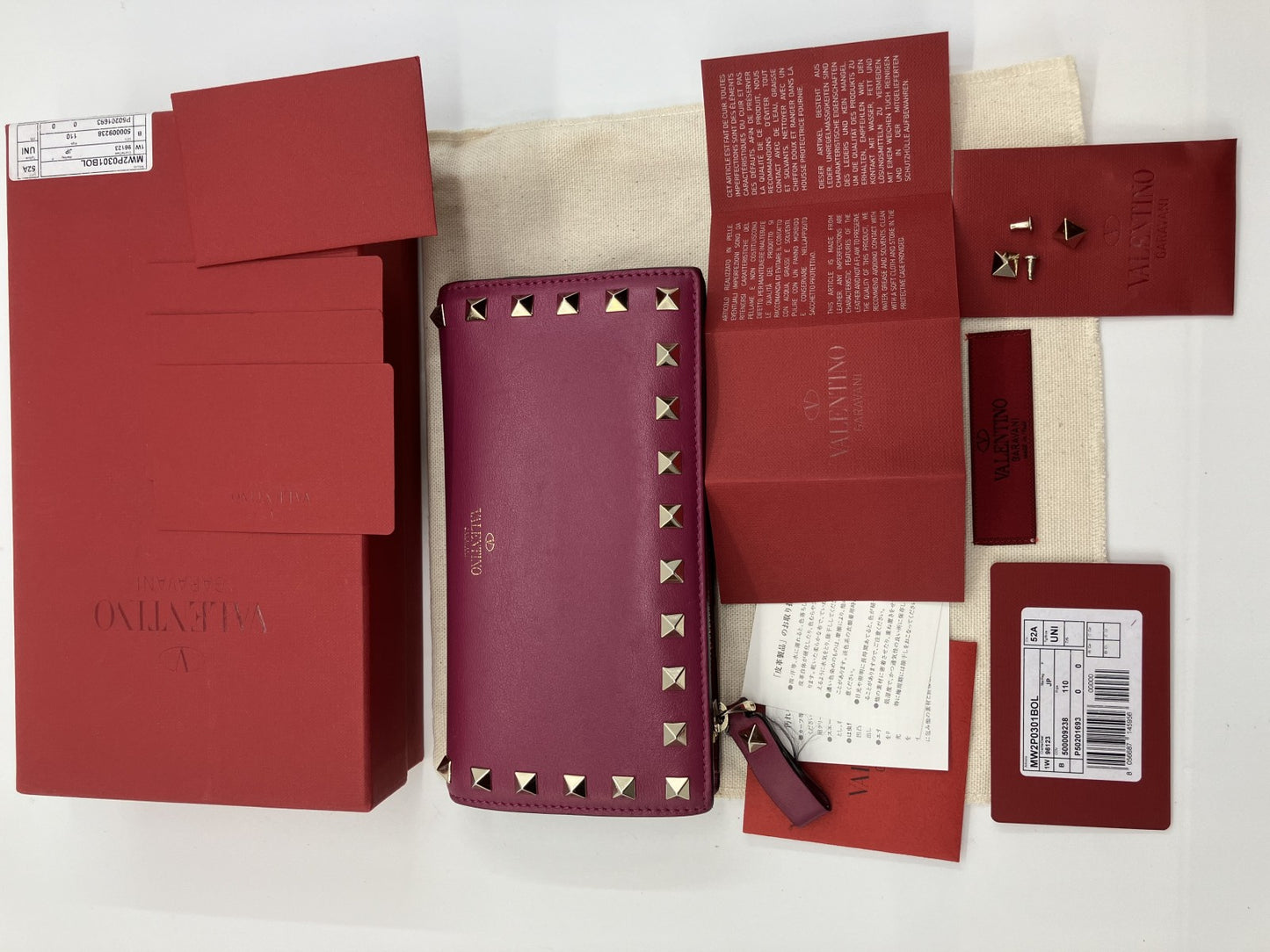 Valentino Garavani long wallet in pink with Rockstuds, box, bag and extra studs 