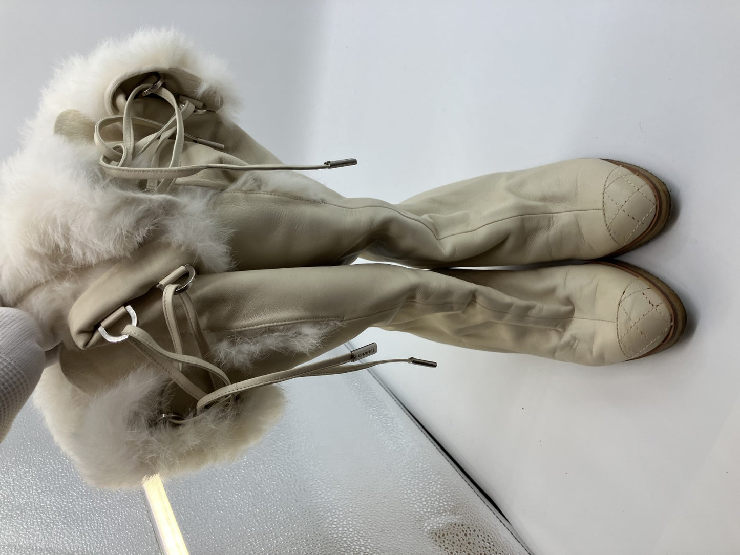 Chanel Coco Mark Fur x Leather Long Boots Size 37 Women's Ivory Matelasse Free Shipping 