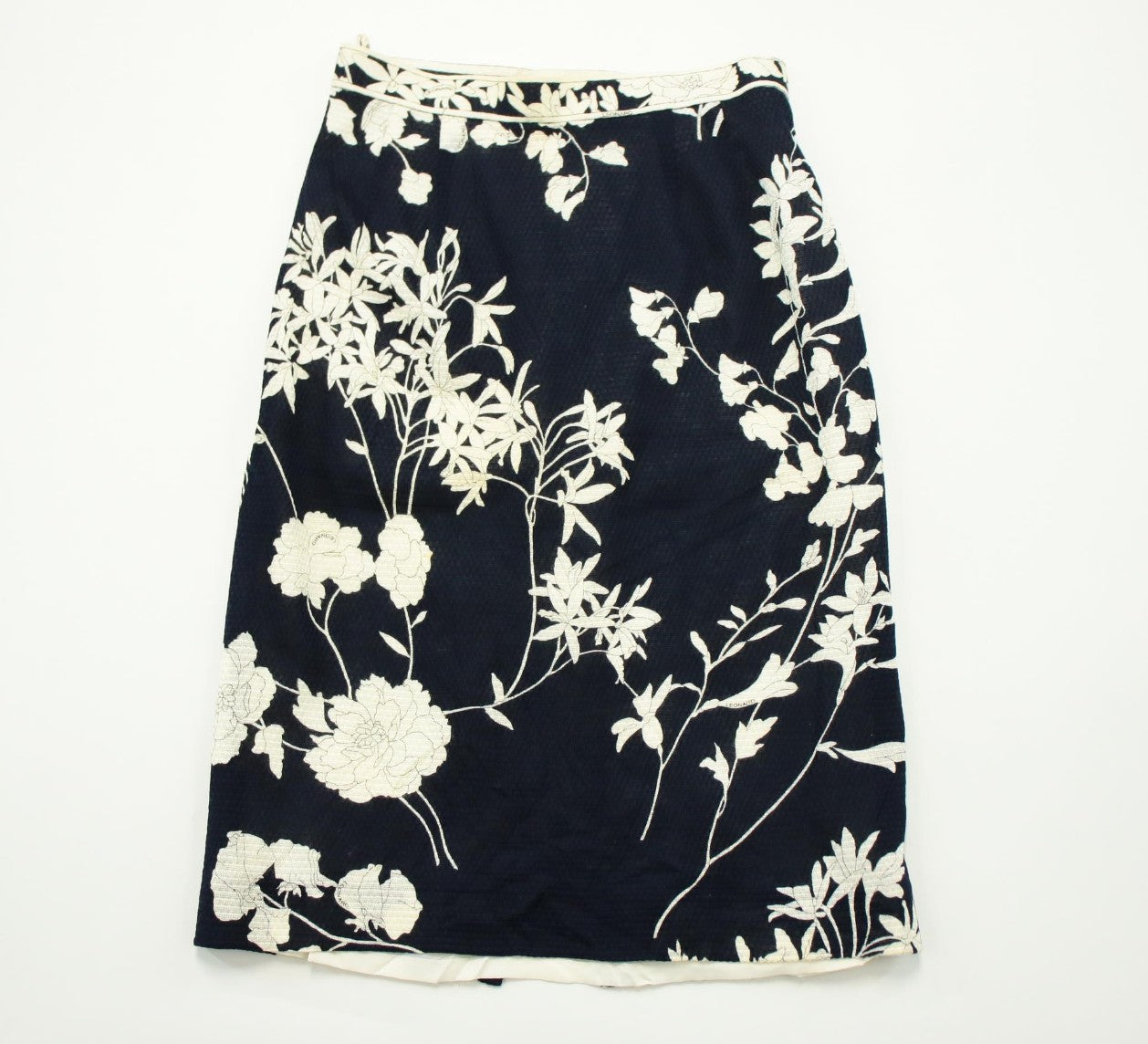 LEONARD Floral Tight Skirt Navy Ivory Cotton Japan Women Size 67-93