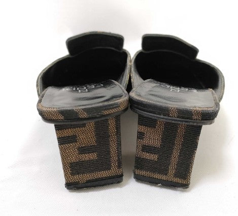Fendi Zucca Mules Heels Brown Canvas Slide Pumps EU35 US5.5 Block Heel Italy