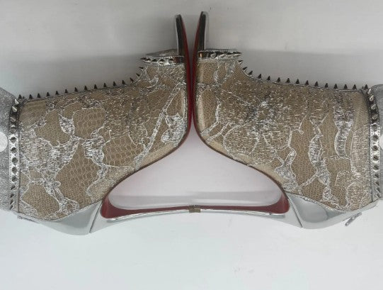 Christian Louboutin JULIETTRA Booties Silver Patent Fabric Spikes Size 36 US 5.75 Box Bags