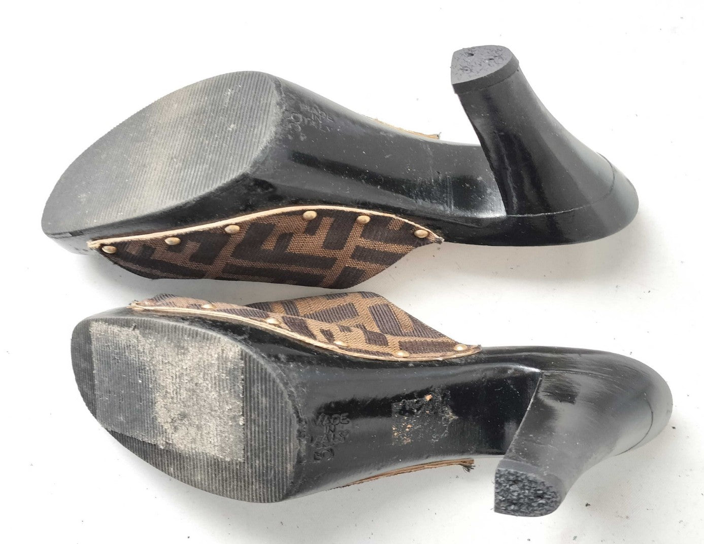 FENDI Zucca Logo Mule Heels Sandals Brown Black EU38 US7.5 JP24.1 Try-On Pics