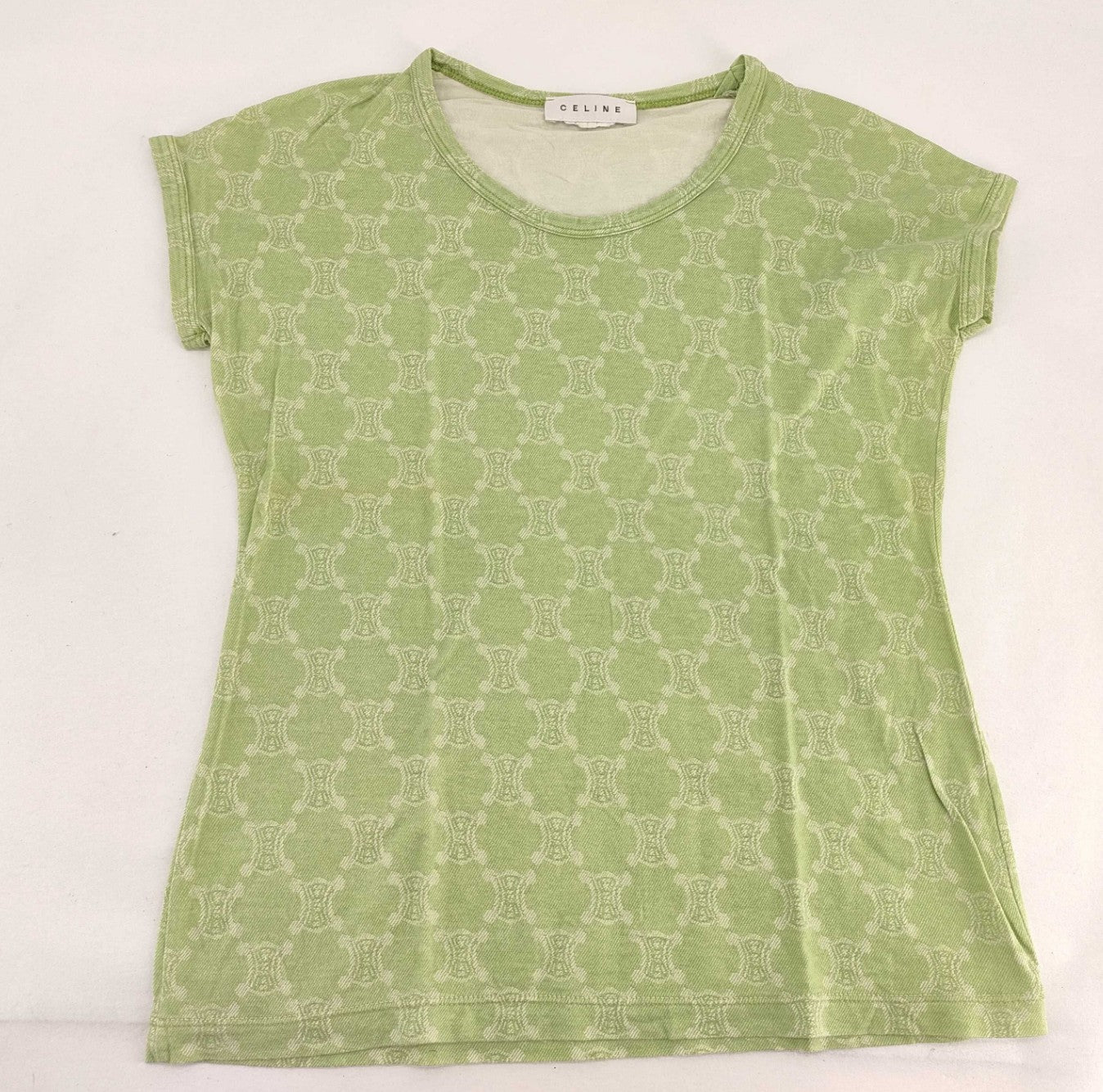 CELINE Macadam Monogram Stretch T Shirt Green Short Sleeve Women's Top