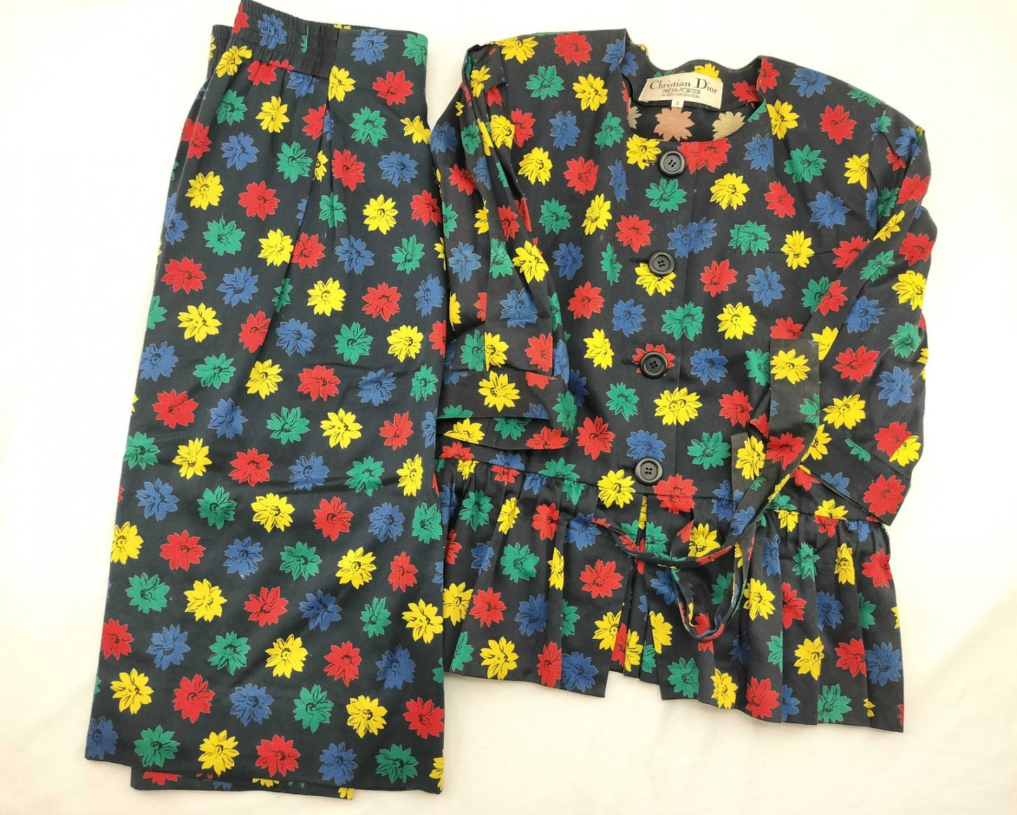 Christian Dior Vintage Floral Peplum Skirt Suit Set Cotton Size 9