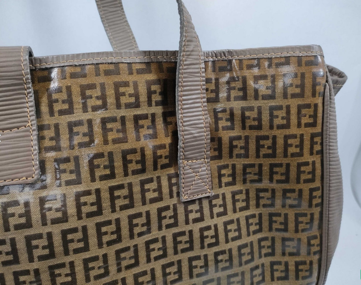 FENDI Zucca Enamel Tote Bag Brown FF Logo Shoulder PVC Italy Vintage