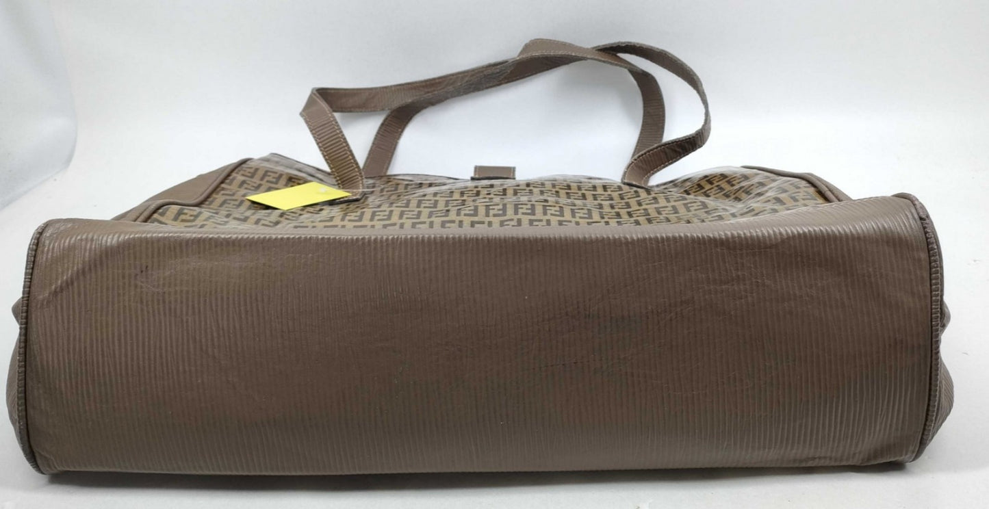 FENDI Zucca Enamel Tote Bag Brown FF Logo Shoulder PVC Italy Vintage