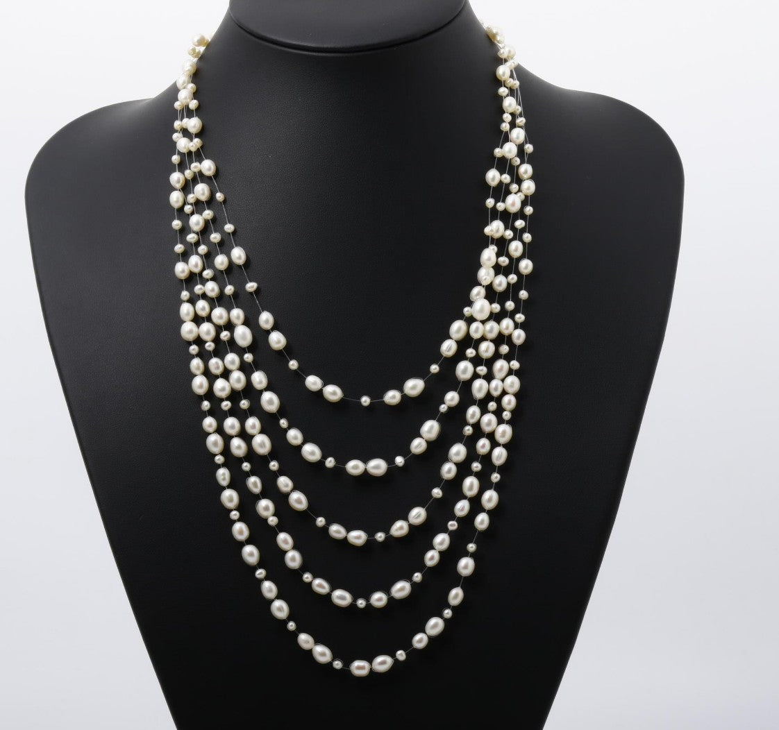 Freshwater Pearl Multi Strand Necklace 49cm 3.2-6.0mm Cluster Pearl Silver Clasp Box