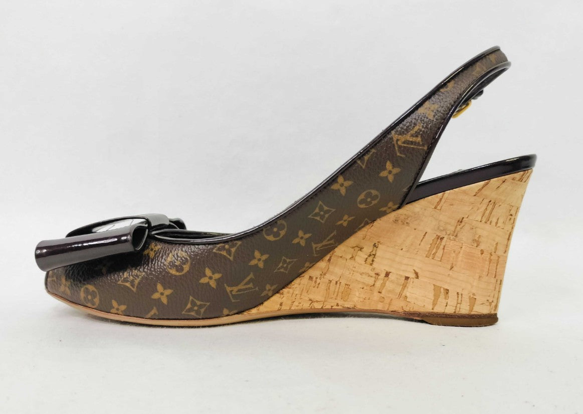 Louis Vuitton Monogram Bow Slingback Wedge Sandals (EU 36)(US 6) Cork Heel Italy