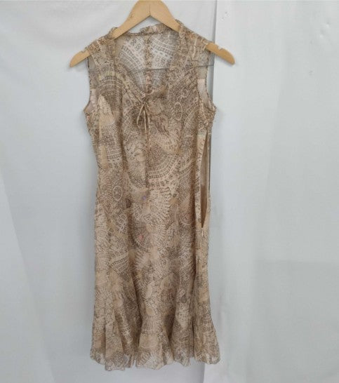 SOLEIL Women's Sleeveless Floral Fan Print Dress Size 42 Beige Polyester Japan