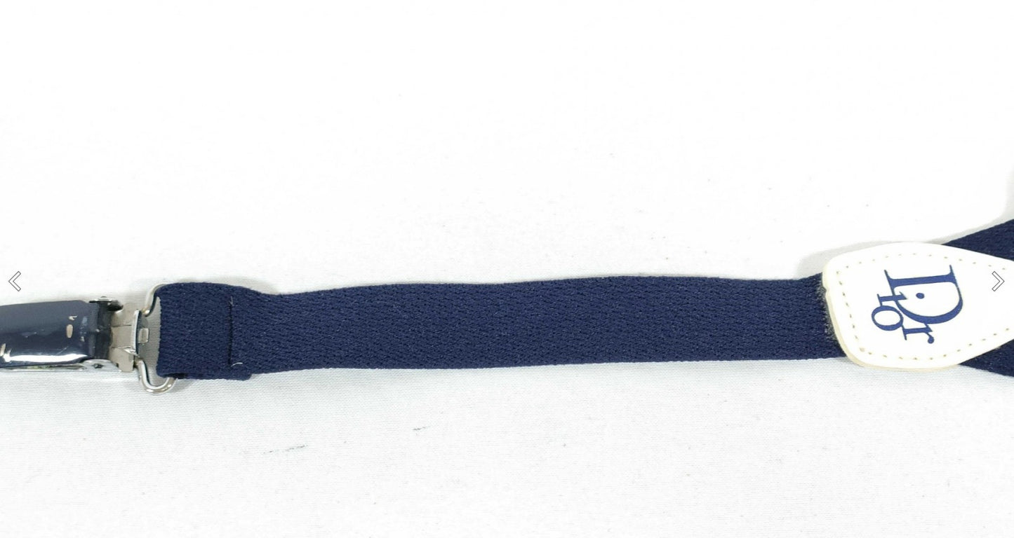 Christian Dior Logo Navy Y-Back Suspenders Adjustable Elastic 3 Clip Braces