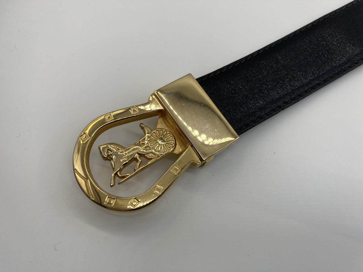 Celine black leather belt with carriage hardware, length 86cm, width 3cm