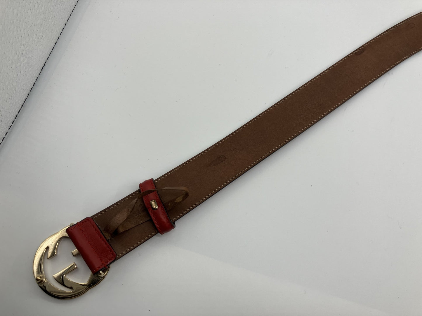 Gucci 370543 Interlocking G Belt 75/30 Leather Red Length 90cm Free Shipping 