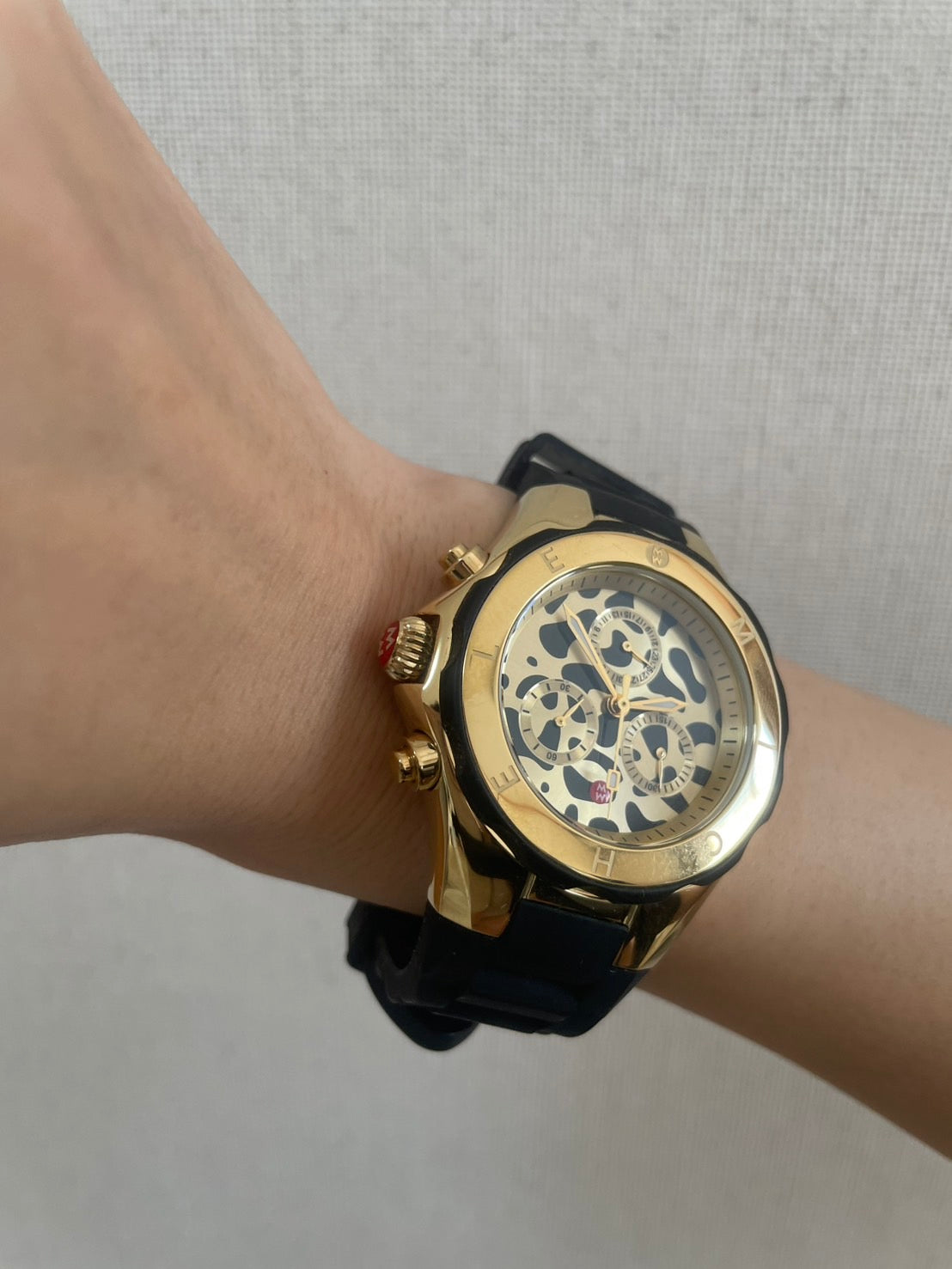 Michele Chronograph Leopard Dial Men’s Watch Rubber Strap Gold Tone w/ Box & Guarantee