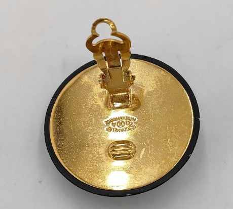 CHANEL CC Logo Earrings 93A Black Gold Clip On Large 3.7cm Single Vintage