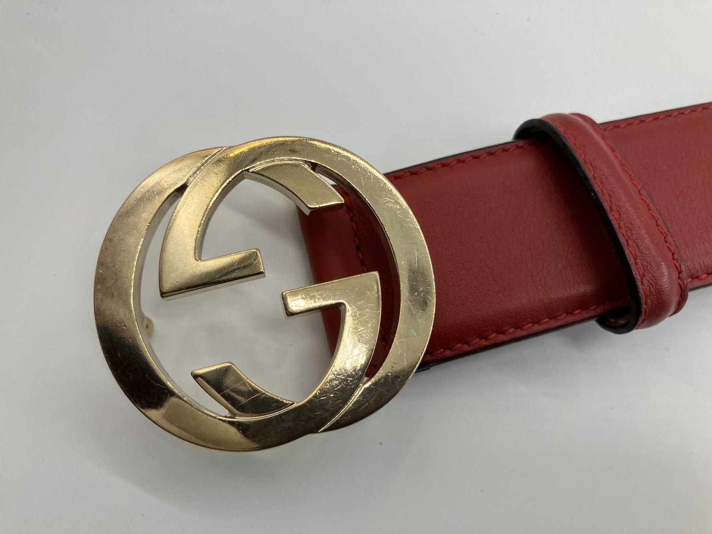 Gucci 370543 Interlocking G Belt 75/30 Leather Red ความยาว 90cm ส่งฟรี 