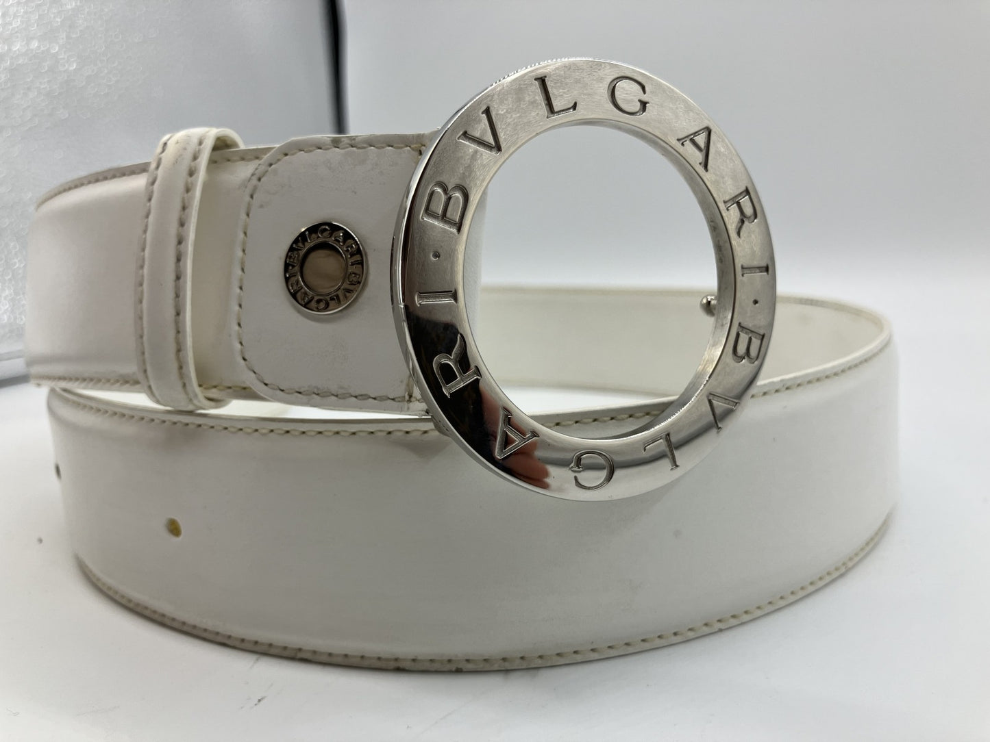 BVLGARI Circle Logo Belt White &amp; Silver 96cm Free Shipping 