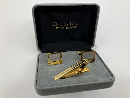 Christian Dior cufflinks and tie pin with case, gold, free shipping 