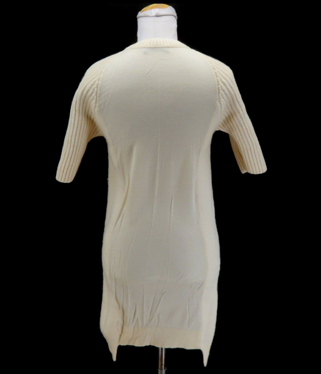 YOKO CHAN Wool Knit Dress Ivory Rib Sleeve Sheer Back Size 36 Japan