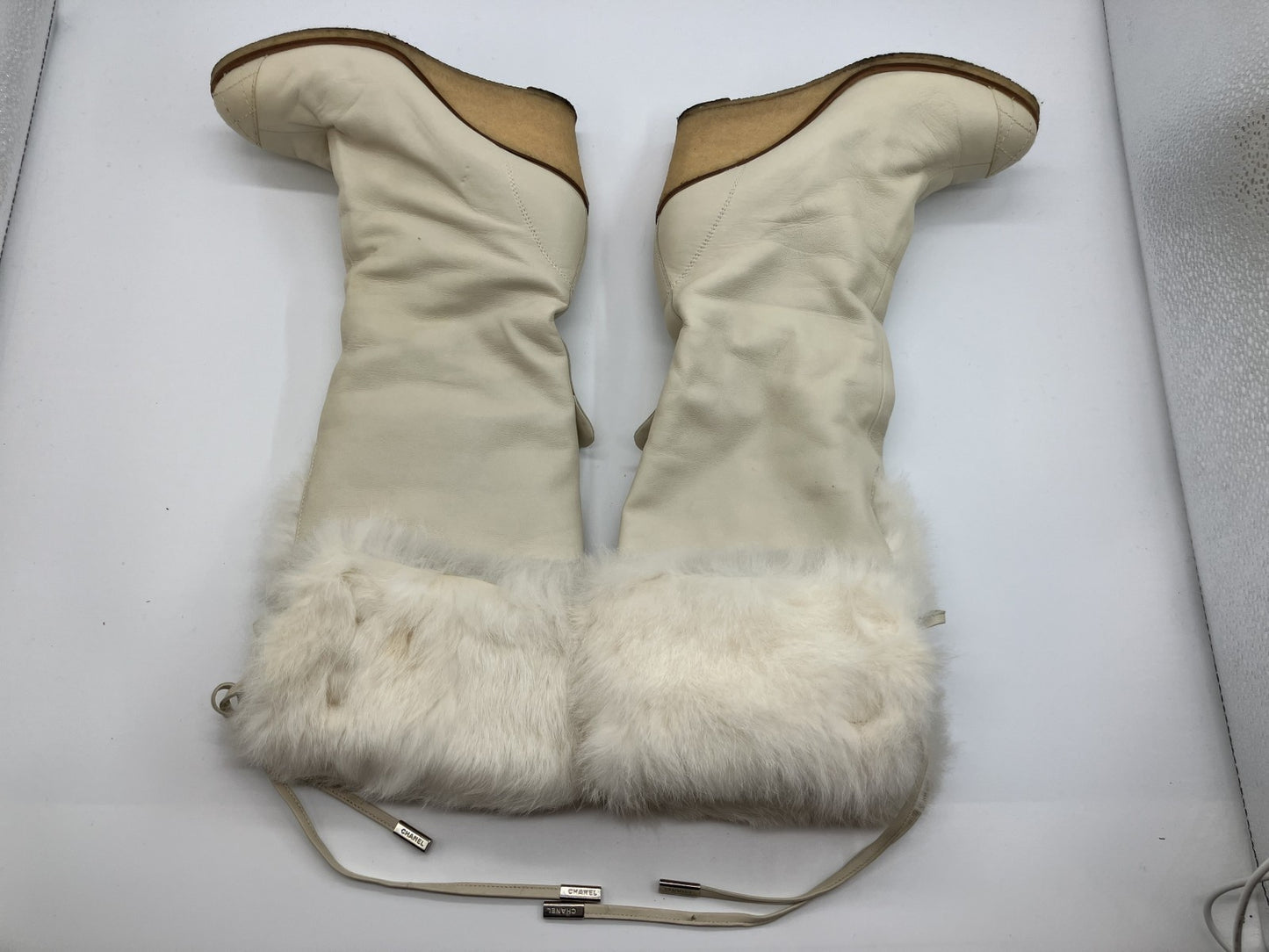 Chanel Coco Mark Fur x Leather Long Boots Size 37 Women's Ivory Matelasse Free Shipping 