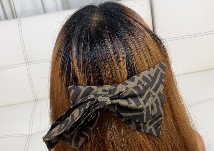 FENDI Zucca FF Logo Ribbon Barrette Hair Clip Brown Canvas Made in Italy