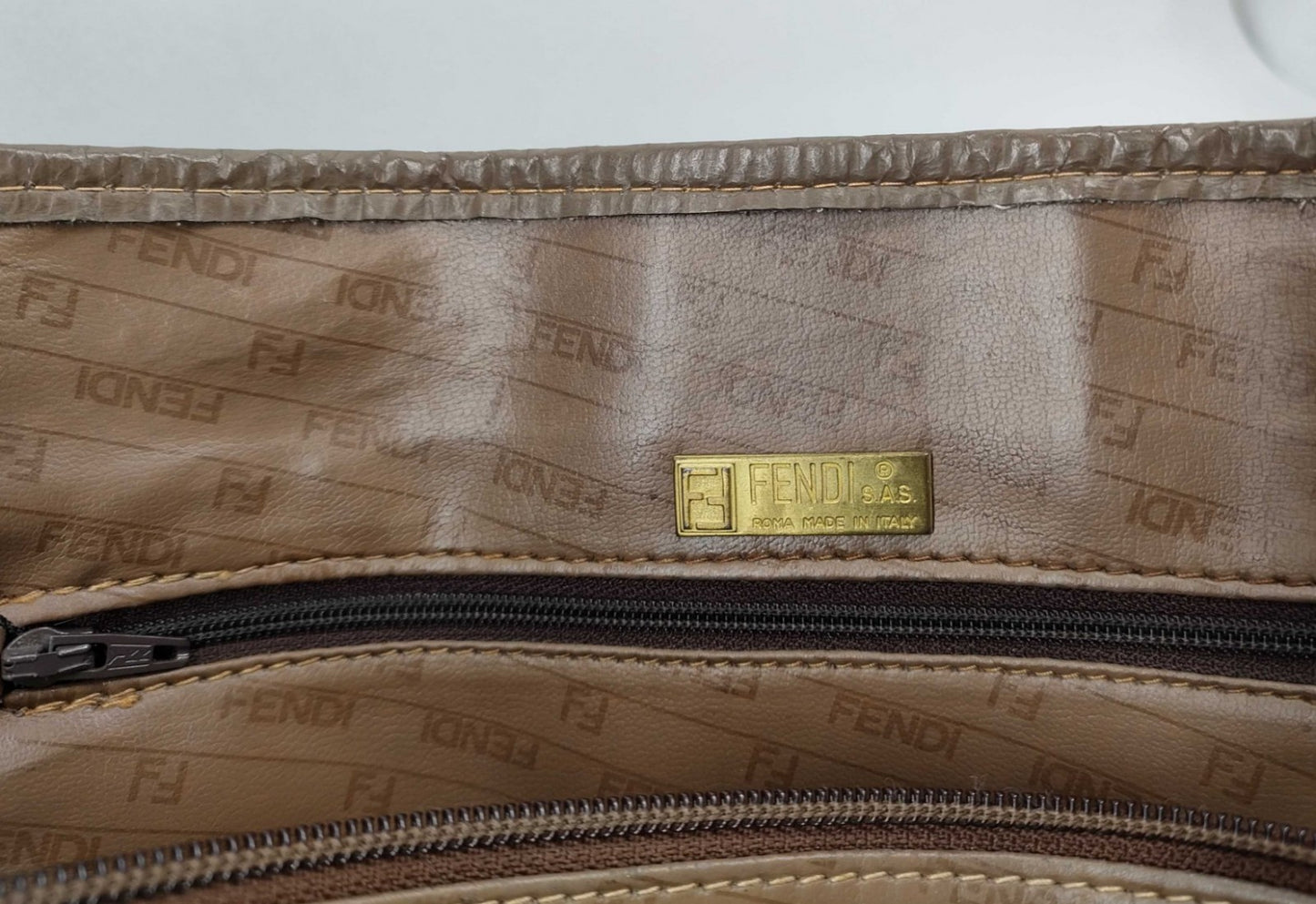 FENDI Zucca Enamel Tote Bag Brown FF Logo Shoulder PVC Italy Vintage