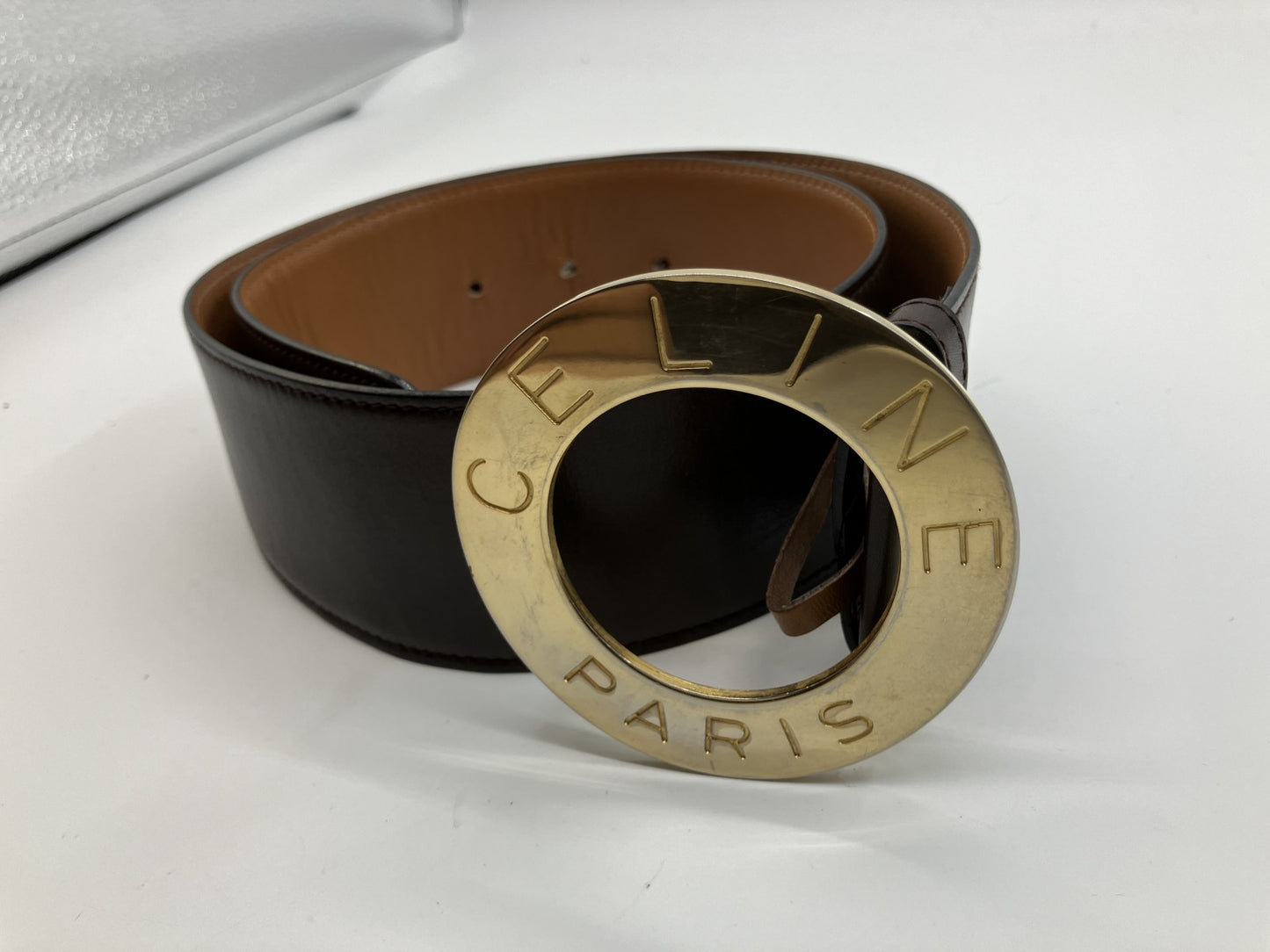 Celine Leather Circle Logo (Diameter 8cm) Belt Gold &amp; Brown Total Length 82cm x Width 5.5cm 