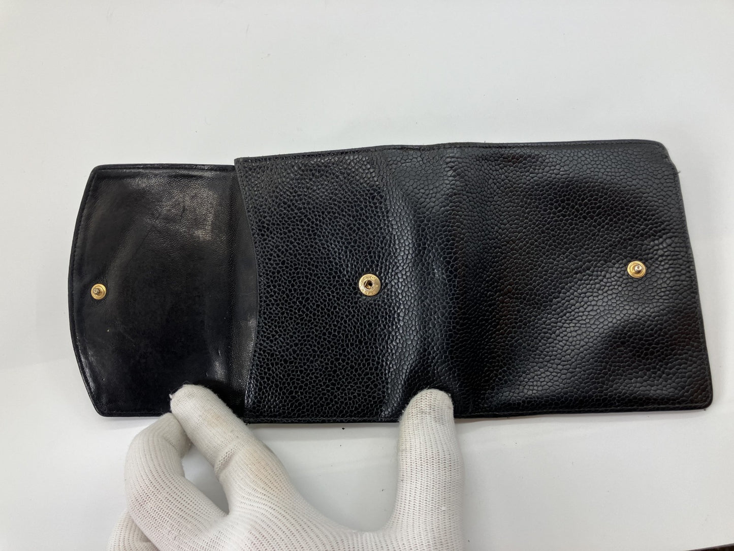 CHANEL Caviar Skin Black Coco Mark W Hook Bifold Wallet with Box and Cards