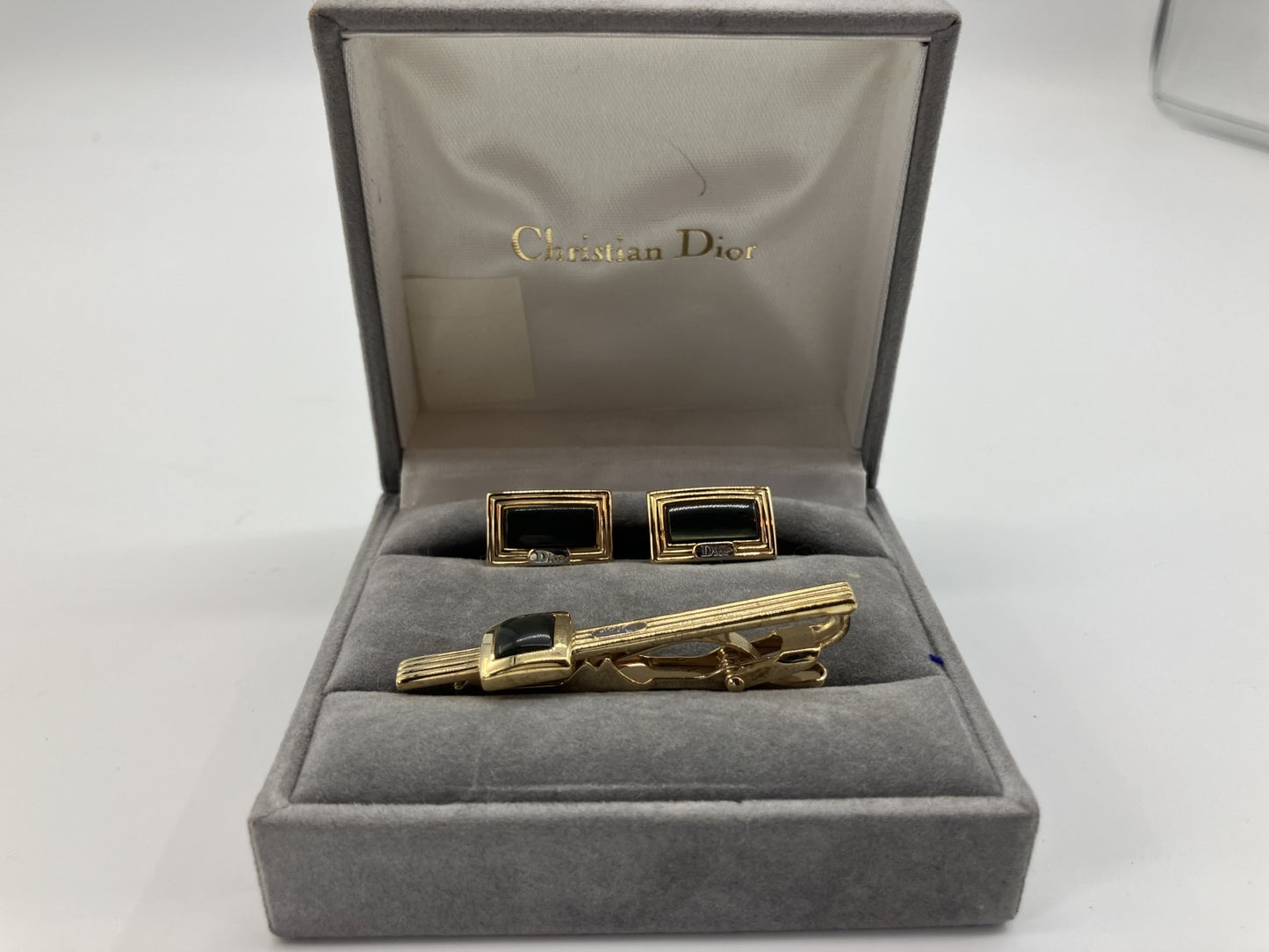 Christian Dior Cufflinks and Tie Pin Set Gold with Case Free Shipping 