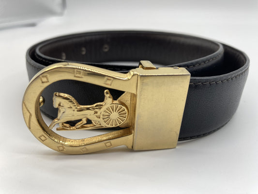 Celine black leather belt with carriage hardware, length 86cm, width 3cm