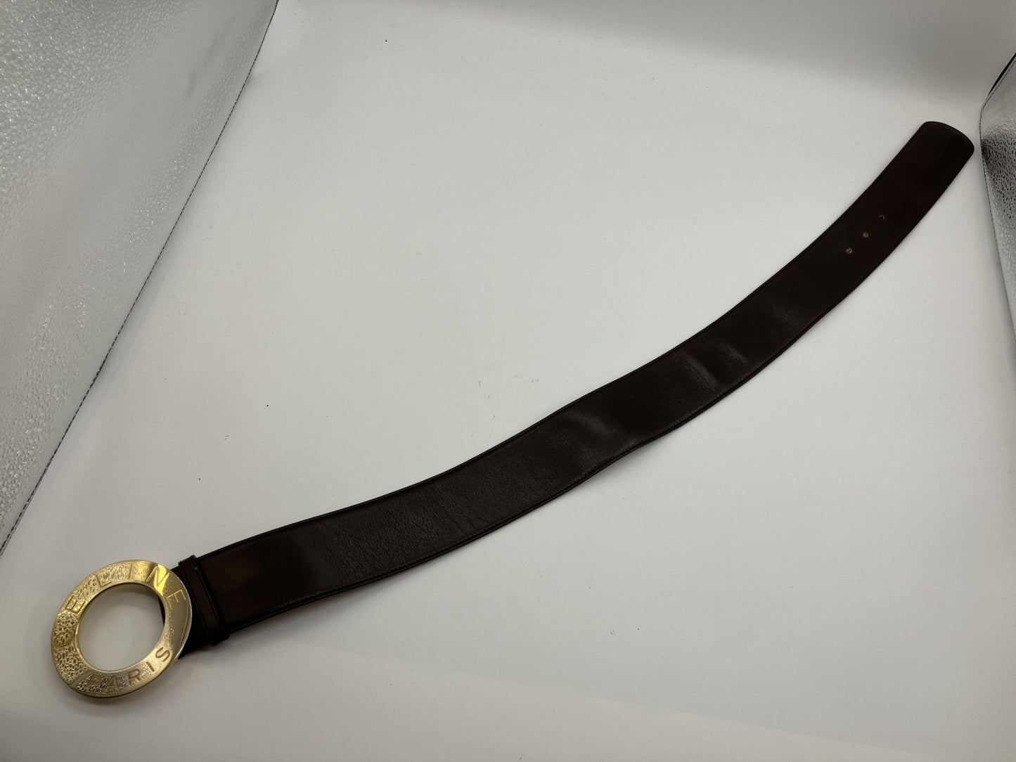 Celine Leather Circle Logo (Diameter 8cm) Belt Gold &amp; Brown Total Length 82cm x Width 5.5cm 