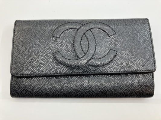 CHANEL Caviar Skin Bi-Fold Long Wallet Black with Cards 