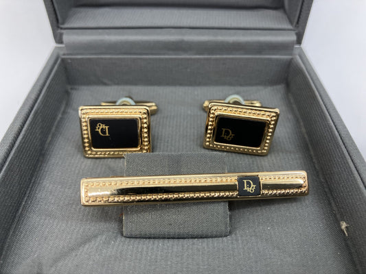 Christian Dior Cufflinks and Tie Clip Set Gold &amp; Black Boxed Free Shipping 