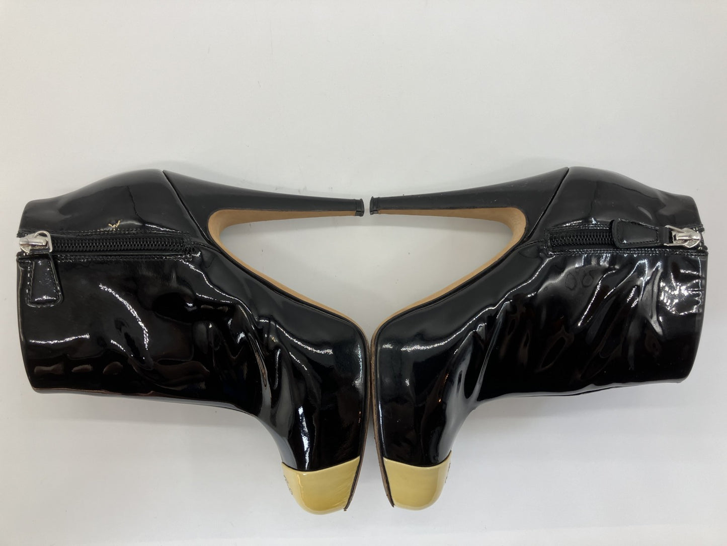 CHANEL short boots, patent leather, size 36 (US 6) (22.9 cm) (9.02 inch), heel approx. 11.5 cm, black and yellow, free shipping 