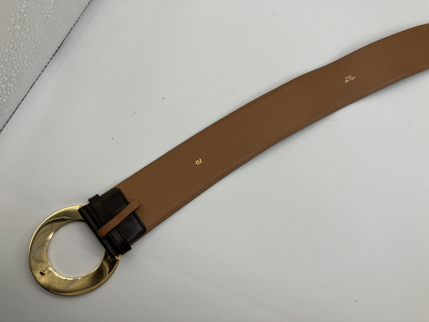 Celine Leather Circle Logo (Diameter 8cm) Belt Gold &amp; Brown Total Length 82cm x Width 5.5cm 