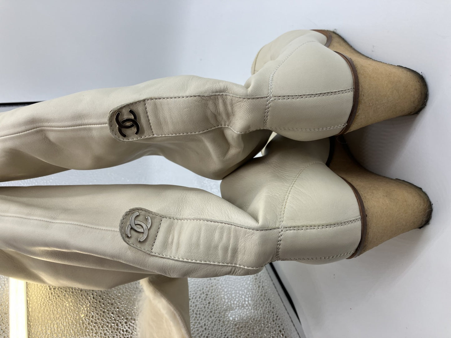 Chanel Coco Mark Fur and Leather Long Boots 37 Women's Ivory Matrasse