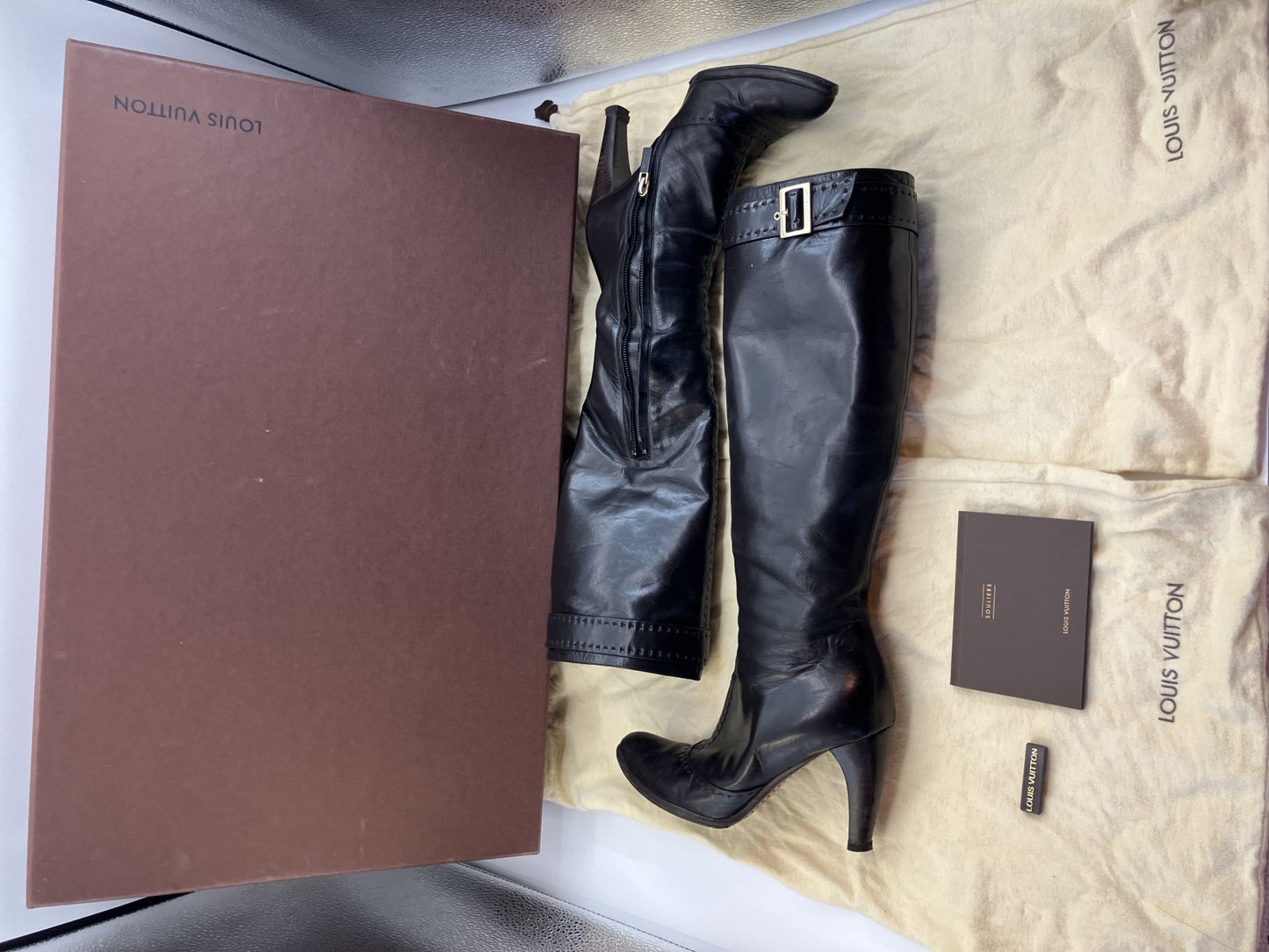 LOUIS VUITTON leather long boots black (EU 35.5)(US 5.5)(22.5 cm)(8.86 inch) heel 8.5 cm with box and bag