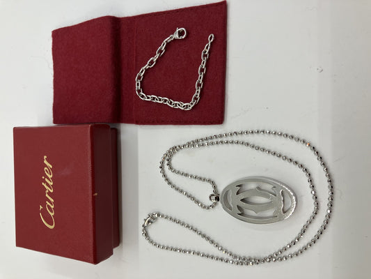 Ｃａｒｔｉｅｒ　ネックレス 　ブレスレット　トップ4.6×2.4ｃｍ　チェーン60ｃｍ ＆ 14ｃｍ 箱　袋付　シルバー　送料無料