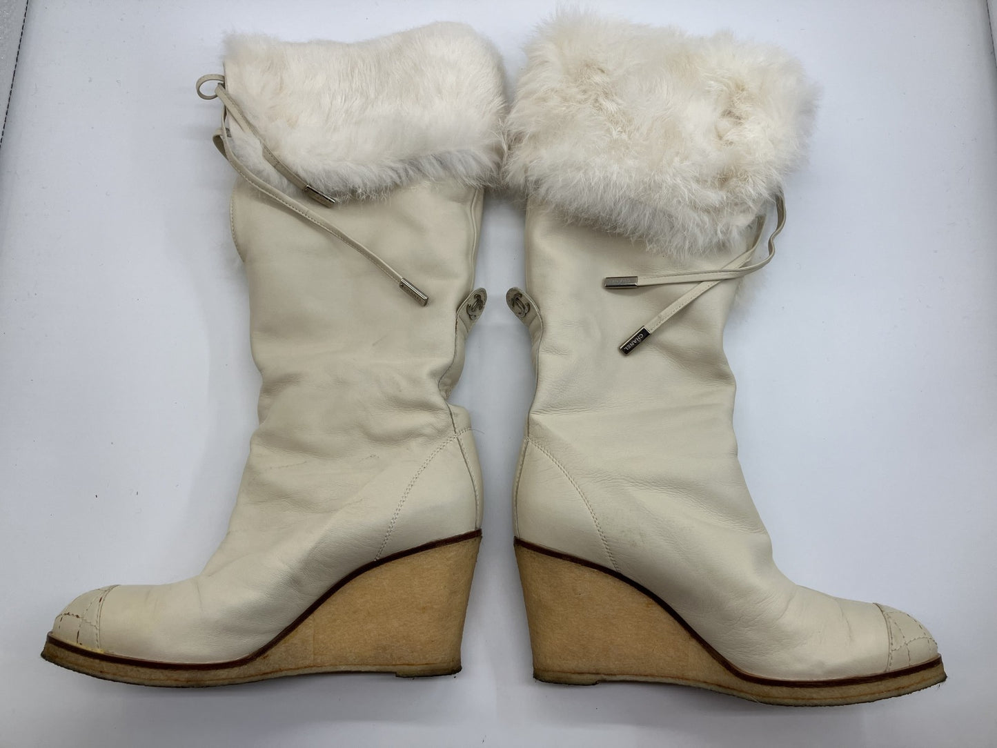 Chanel Coco Mark Fur x Leather Long Boots Size 37 Women's Ivory Matelasse Free Shipping 