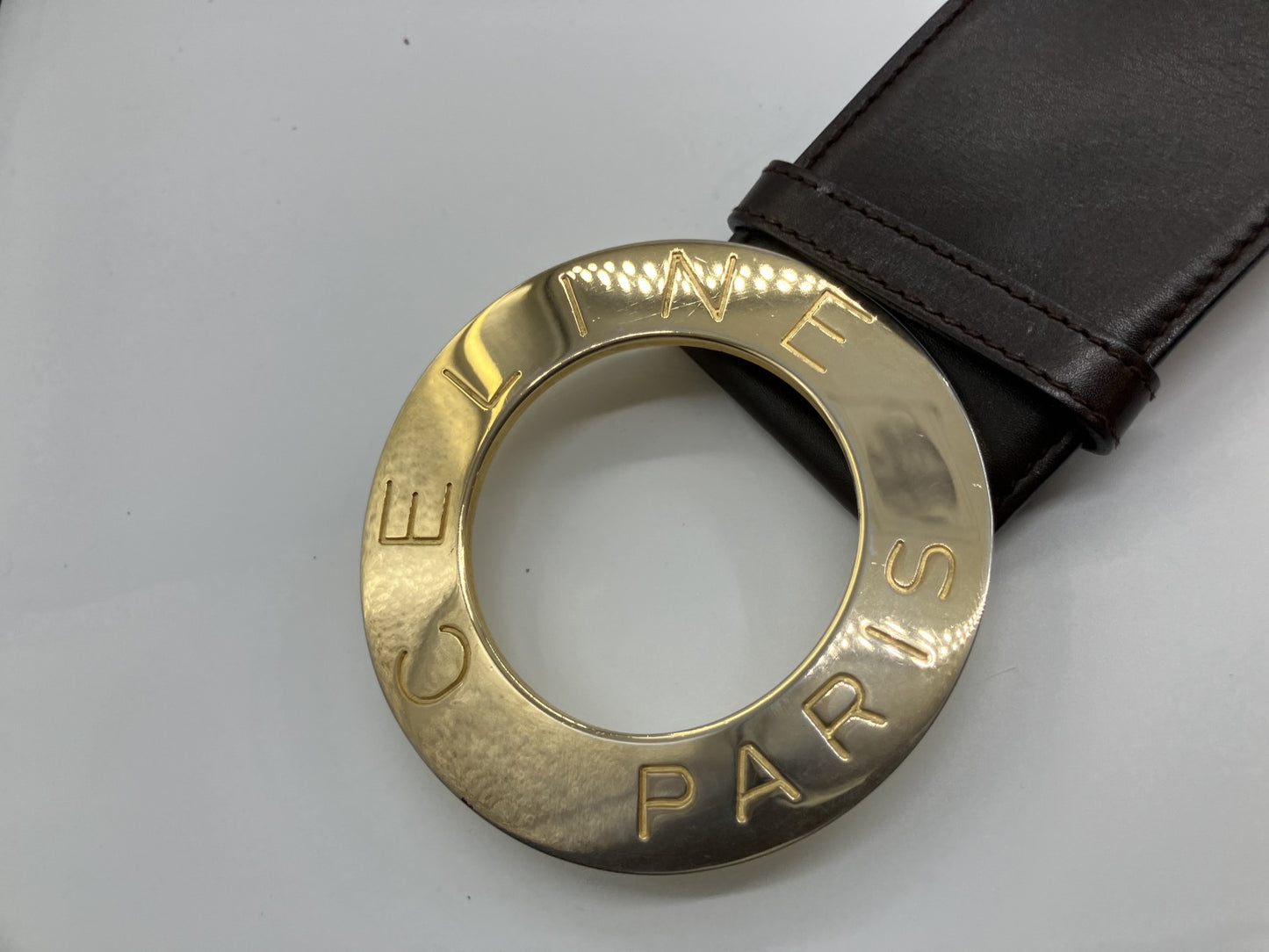 Cﾃｩline leather circle logo (diameter 8 cm) belt 82 cm x5.5 cm gold and brown
