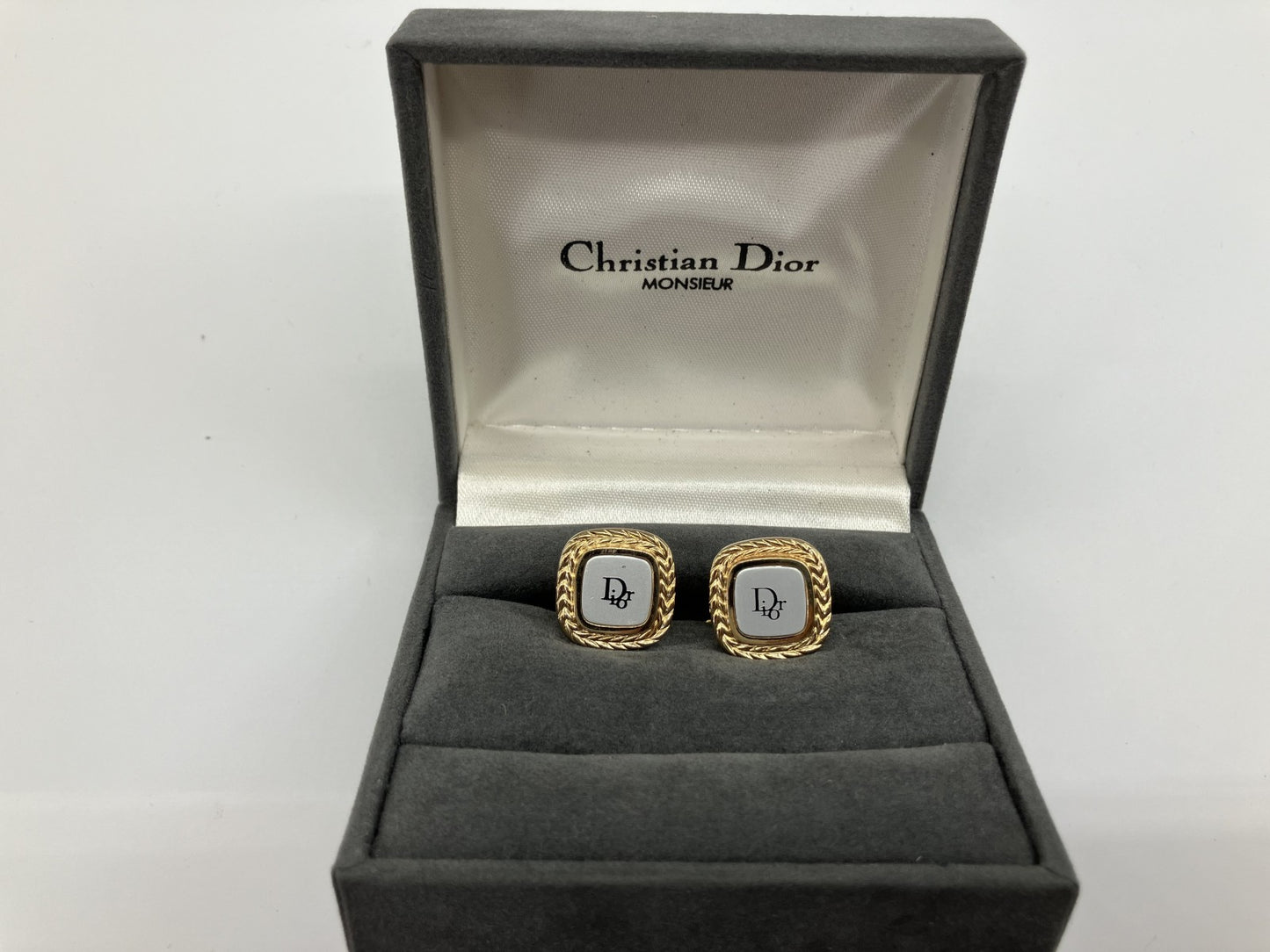 Christian Dior Cufflinks Gold &amp; White with Case Free Shipping 