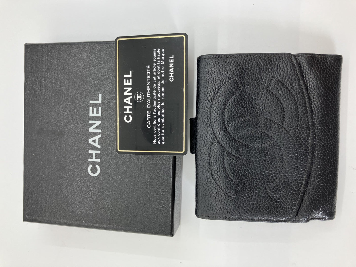 CHANEL Caviar Skin Black Coco Mark W Hook Bifold Wallet with Box and Cards