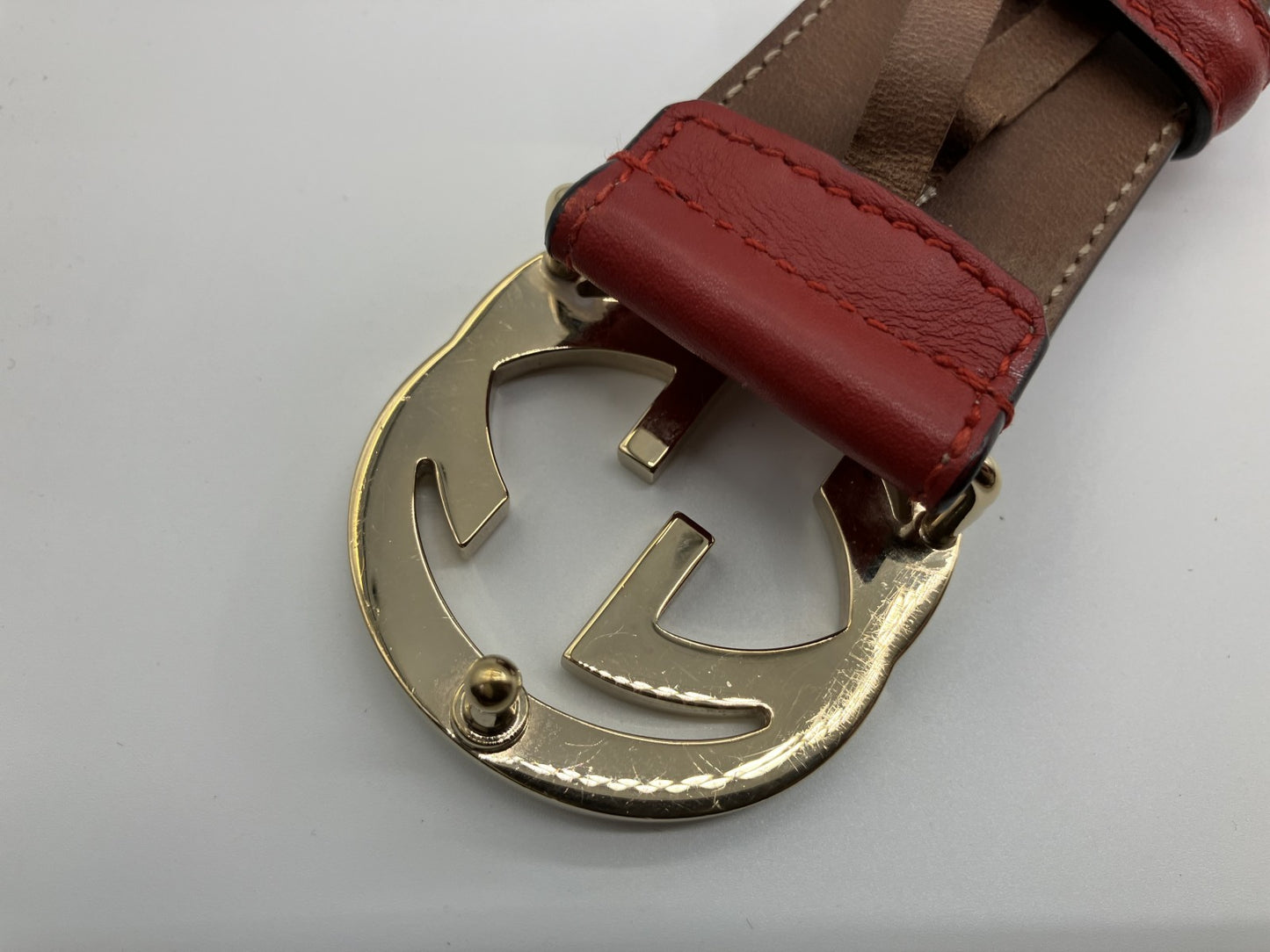 Gucci 370543 Interlocking G Belt 75/30 Leather Red Length 90cm Free Shipping 