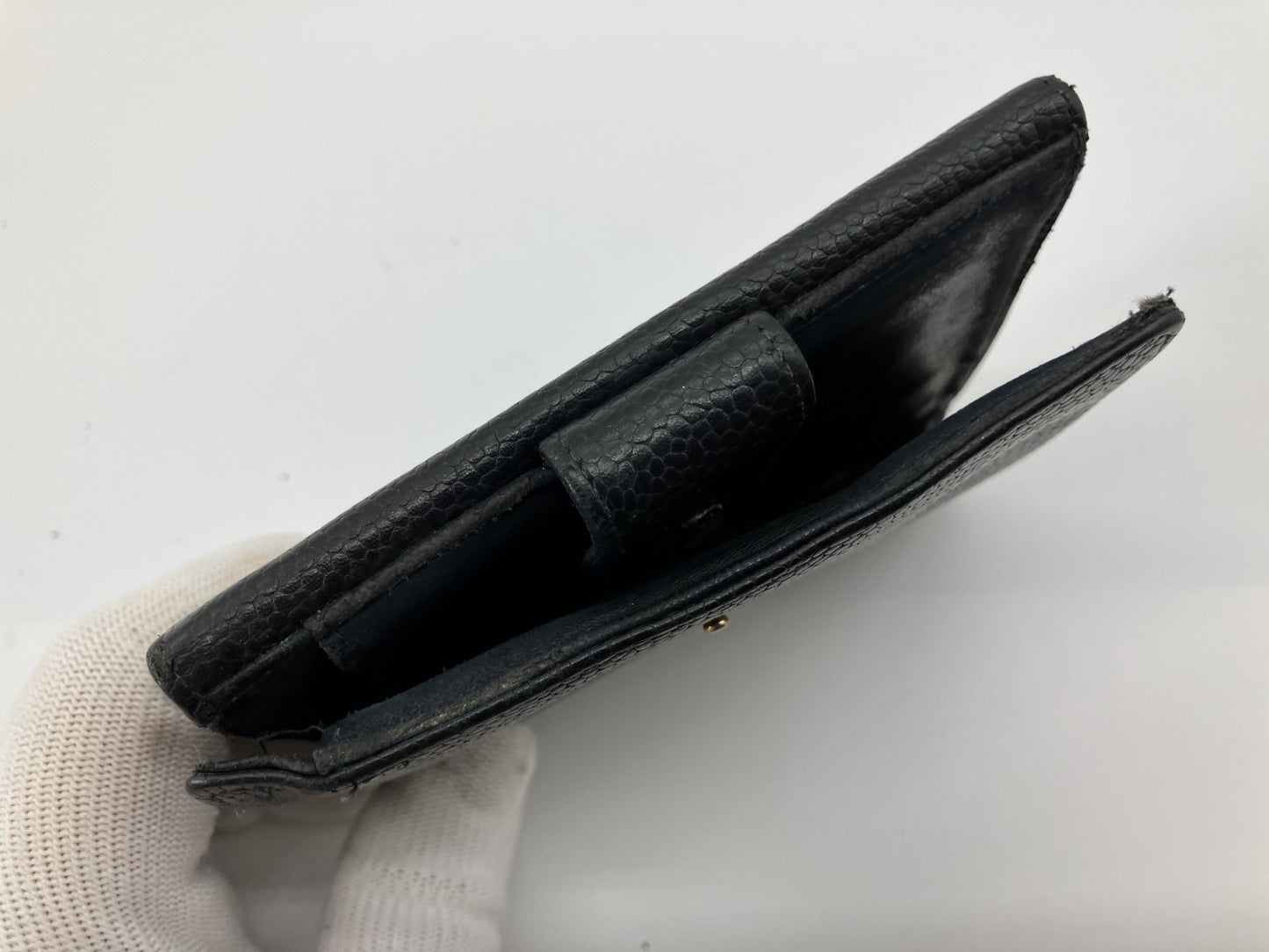 CHANEL Caviar Skin Black Coco Mark W Hook Bifold Wallet with Box and Cards