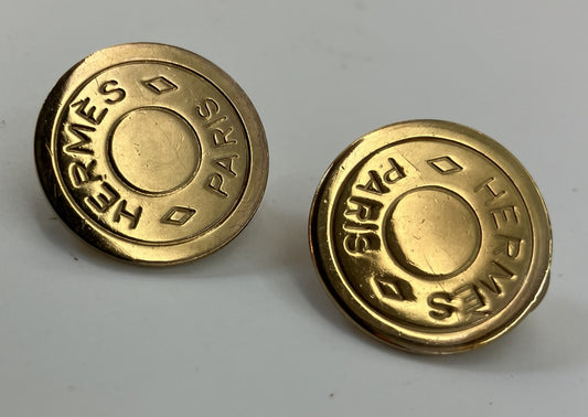 HERMES Clip On Earrings Gold Round Logo 2cm Vintage Bijouterie Fantaisie