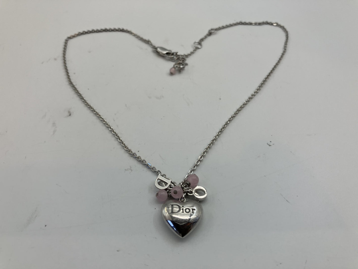 Christian Dior Heart Necklace, Faux Pearl, Silver &amp; Pink, Chain 43cm, Top Width 1.4cm, Free Shipping 