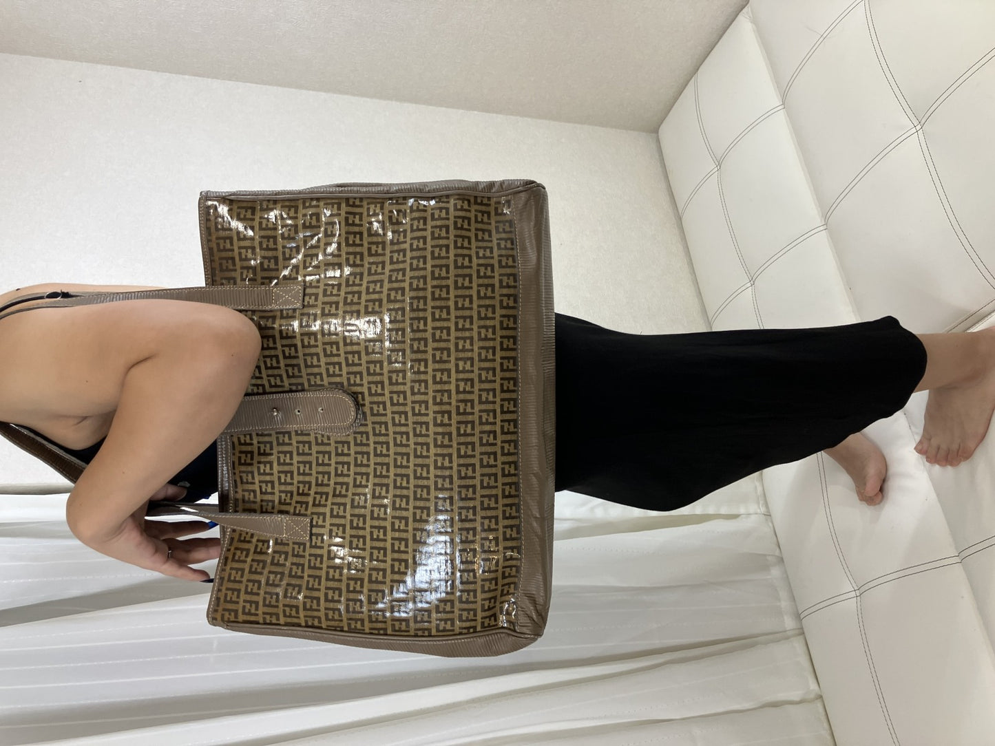 FENDI Zucchino FF Logo Coated Canvas Large Tote Bag Brown Vintage Italy