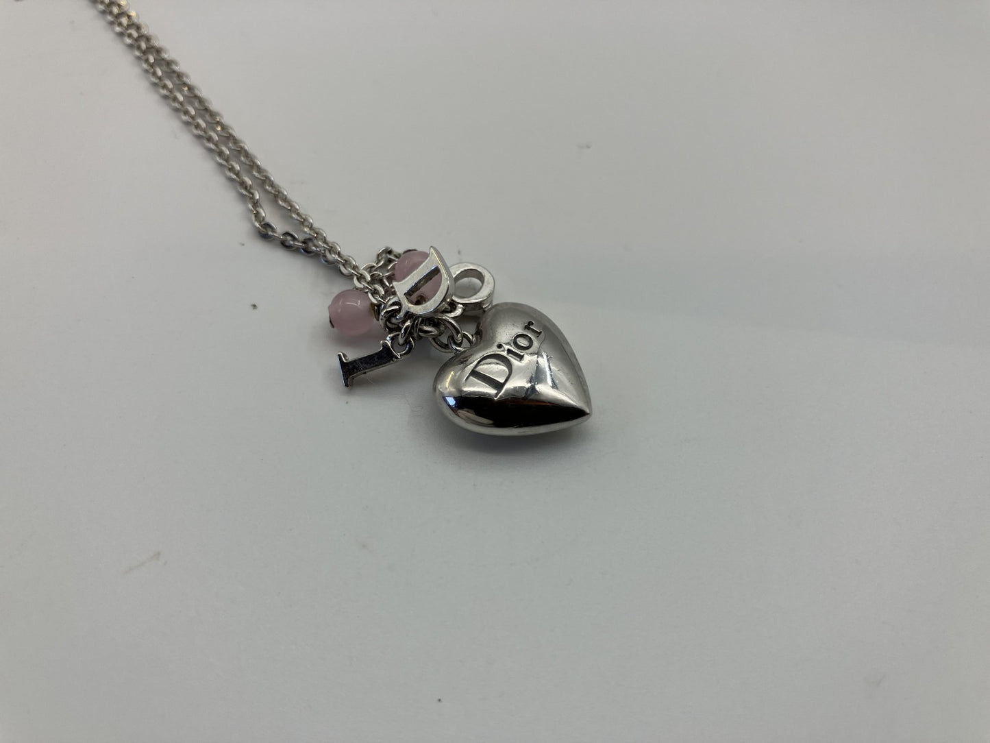 Christian Dior Heart Necklace, Faux Pearl, Silver &amp; Pink, Chain 43cm, Top Width 1.4cm, Free Shipping 