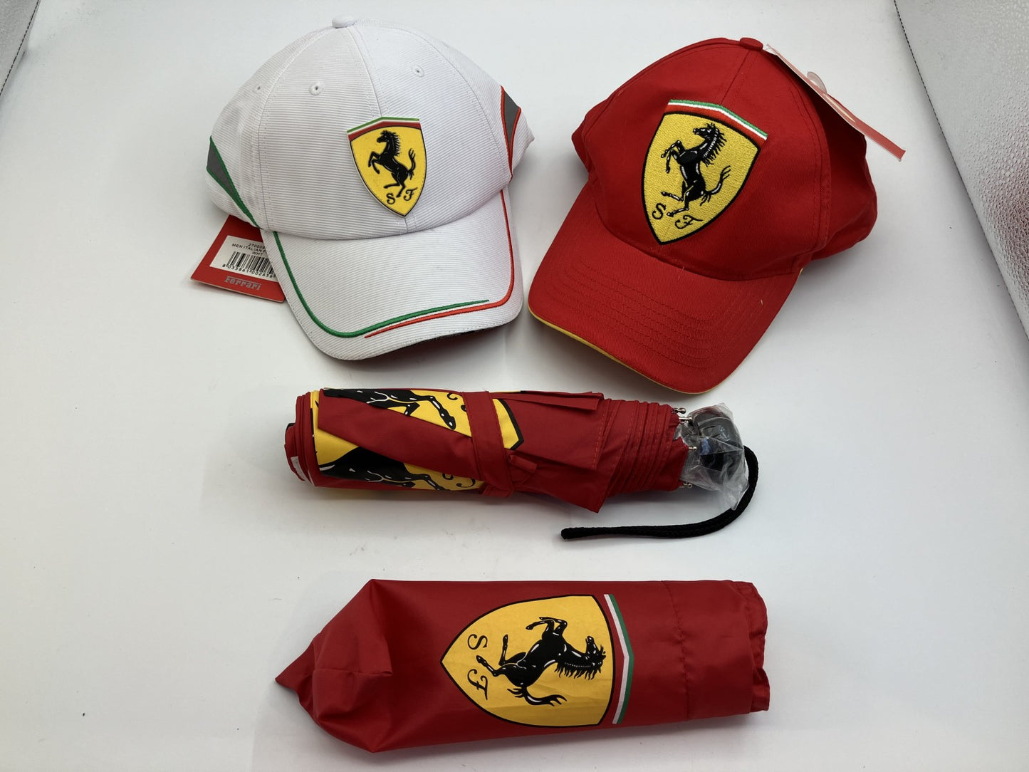 Ferrari/2 caps/1 folding umbrella/Brand new, red &amp; white, free shipping 