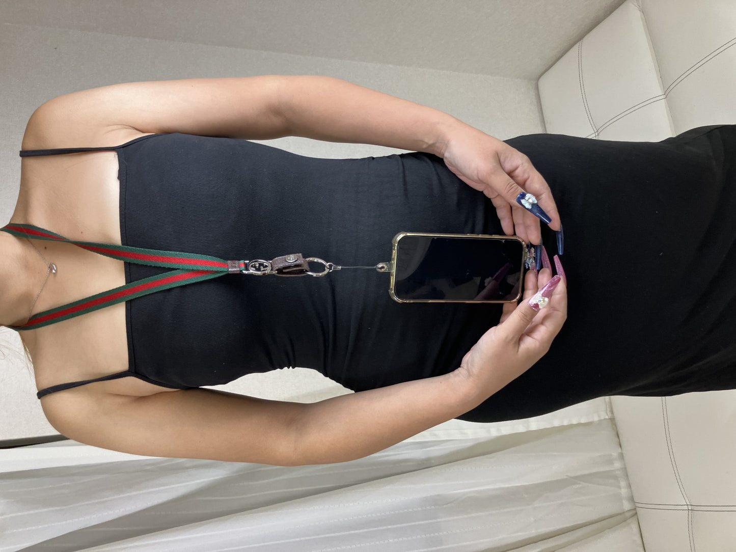 GUCCI Web Stripe Interlocking G Neck Strap Lanyard Key Ring Phone Holder Italy