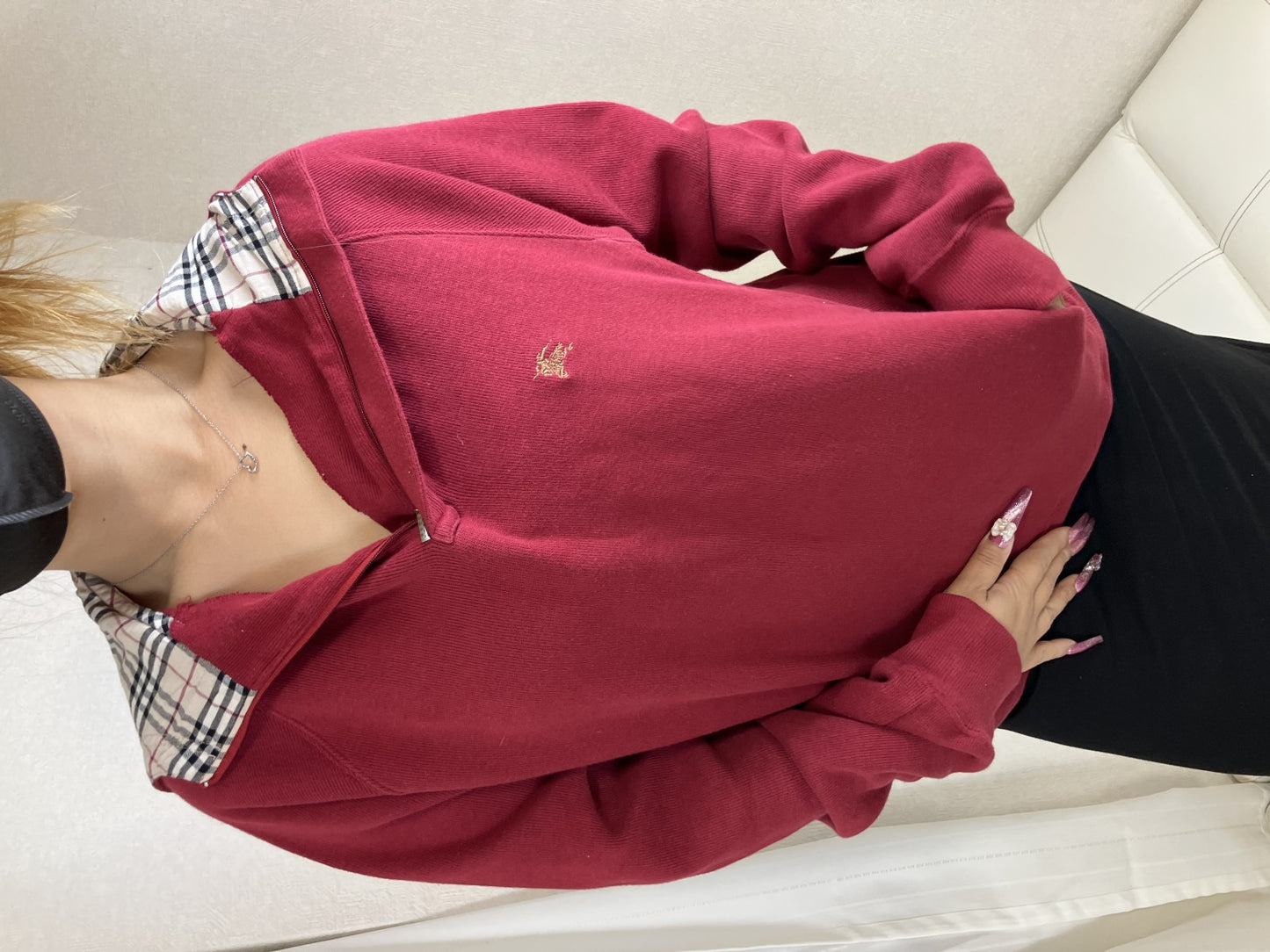 BURBERRY LONDON Hoodie Nova Check Hood Cotton Pullover Red Size L Mens